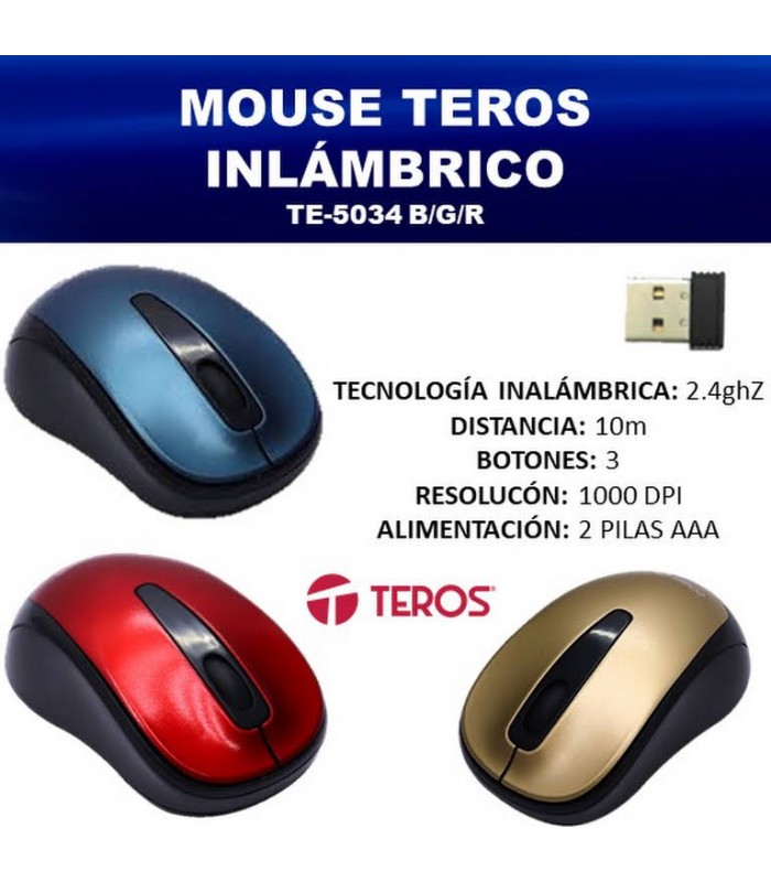 MOUSE OPTICO INALAMBRICO TEROS TE-5034 1000 DPI RECEPTOR USB 2.4GHZ ROJO AZUL Y
