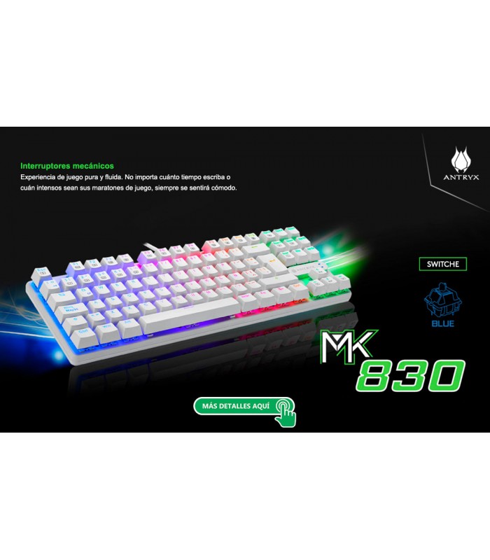 TECLADO MECANICO ANTRYX CHROME STORM MK830 BLANCO, BLUE SWITCH TKL AMK-CS830WBL